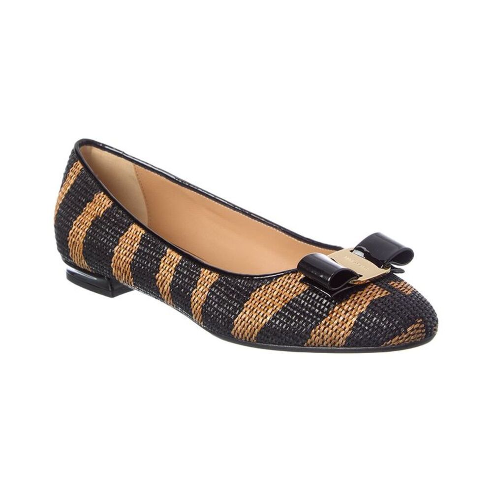 Ferragamo Varina Raffia & Patent Ballet, Black
